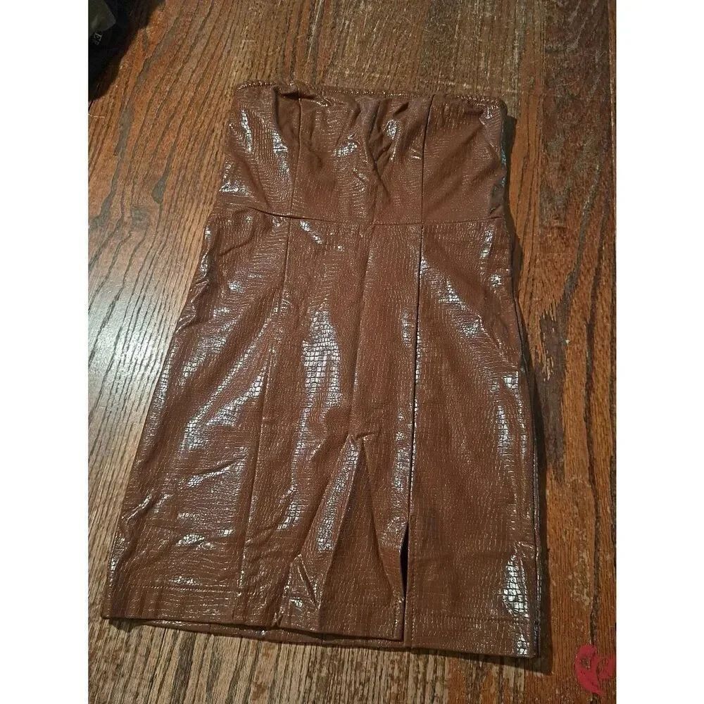 Forever 21 Brown Polyurethane Mini Dress Women Small Sleeveless Rear Zip Club